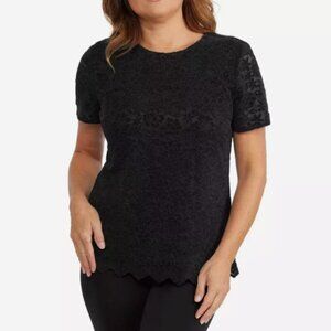NEW Black Lace Floral Short Sleeve By Teddi Rose Scalloped Hem Keyhole M// 25CT